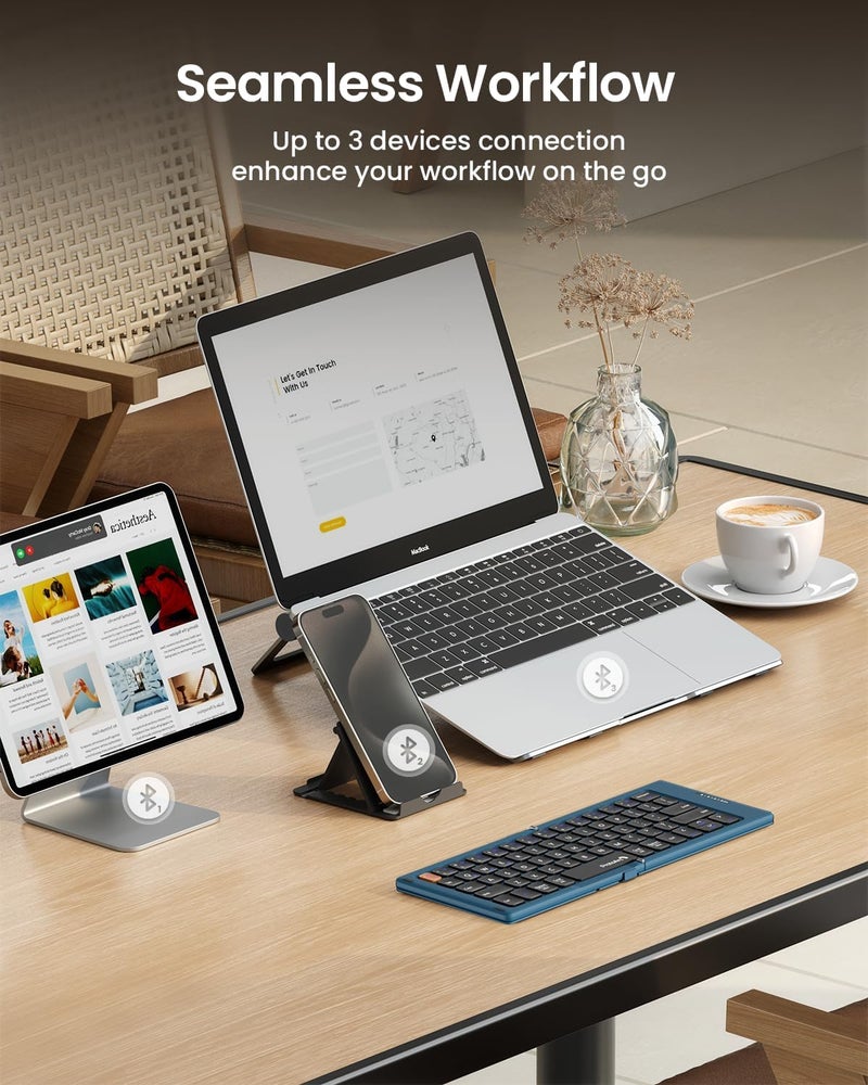 ProtoArc Foldable Compact Keyboard, XK04 Portable Bluetooth Keyboard with PU Leather Cover, Pocket-Sized Wireless Travel Keyboards for iPad, iPhone, Smartphone, Tablet and Laptop - Blue - Image 4